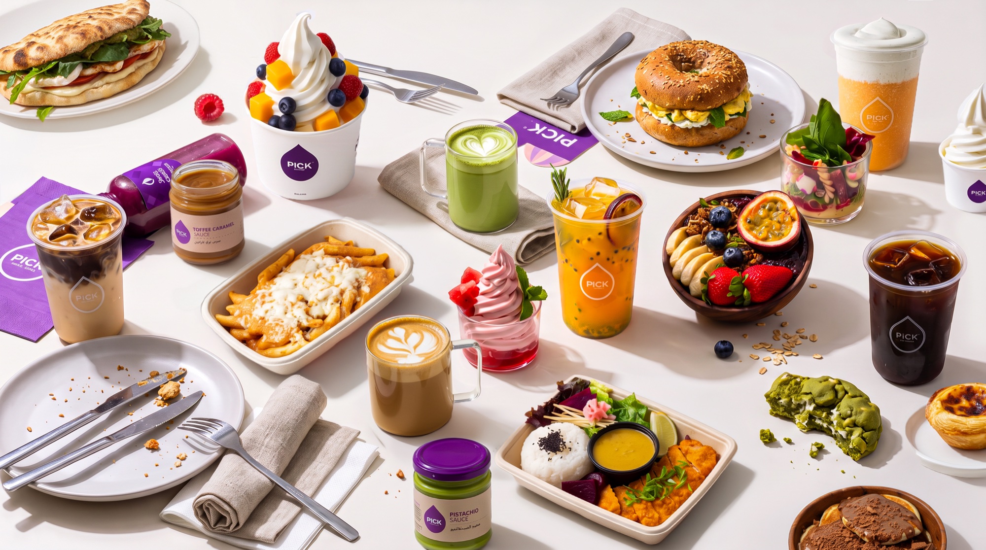 PICK drinks, soft serve, breakfast, and meals arranged on a white table