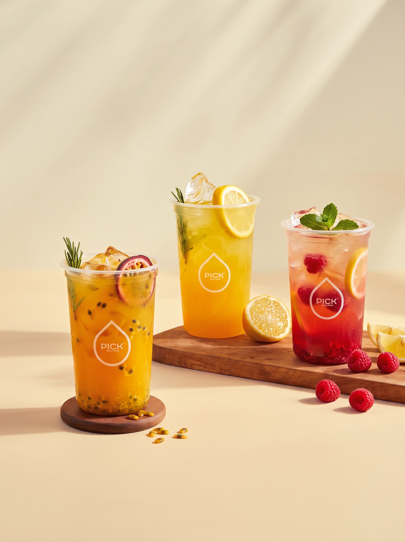 Three colourful PICK iced tea drinks