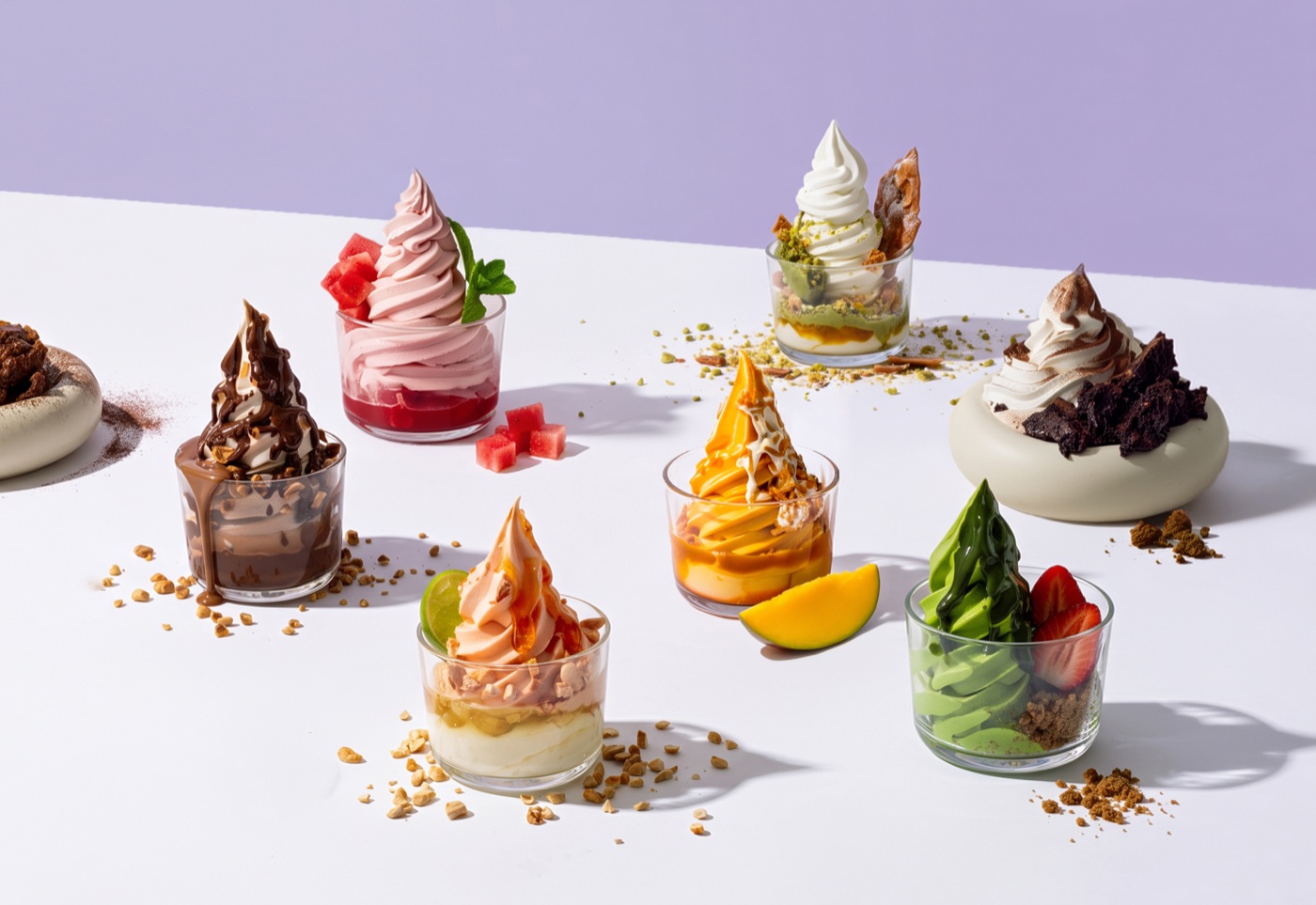 A lineup of colourful PICK soft serve creations